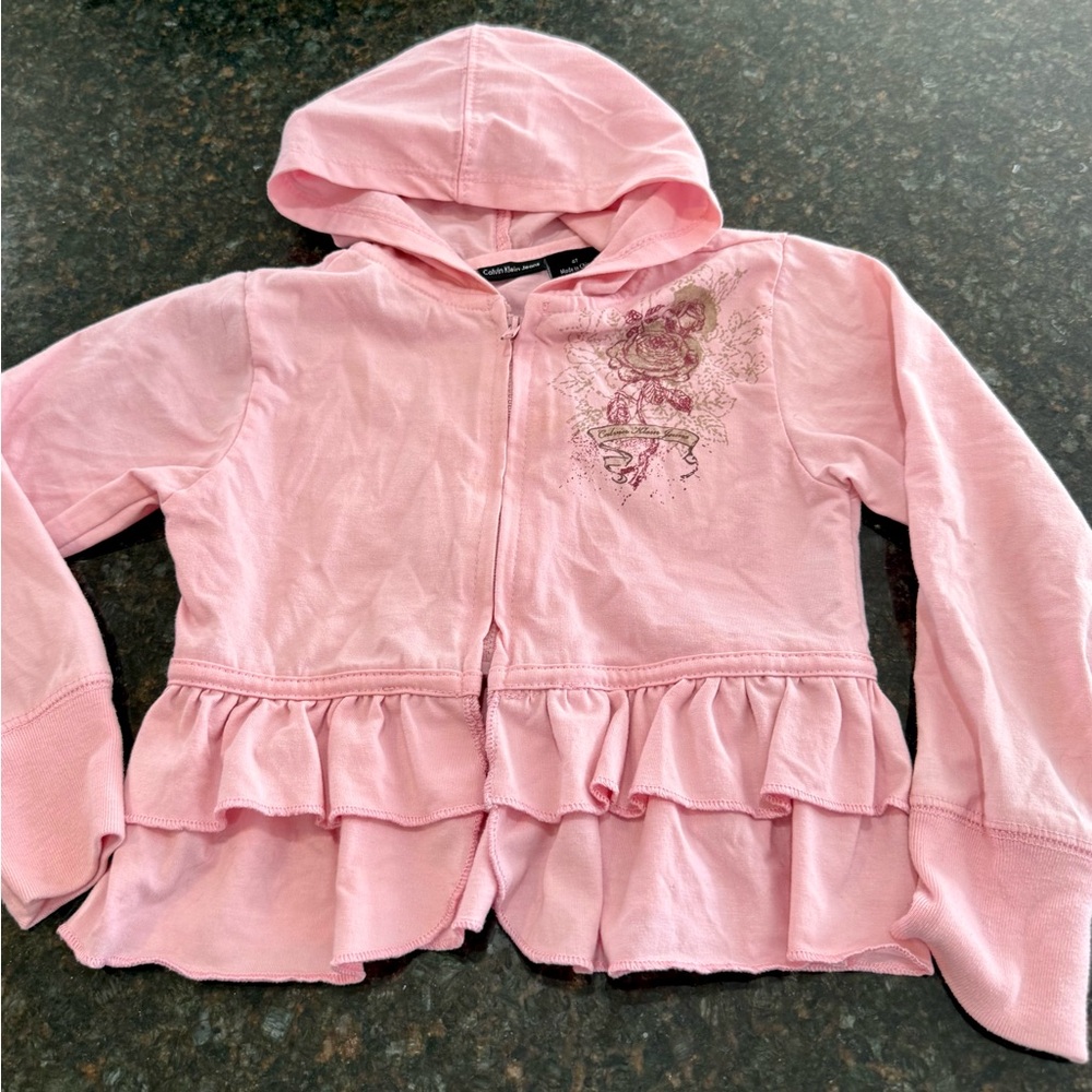 Calvin Klein Pink Hooded Kids zip up hoodie with Ruffle Hem